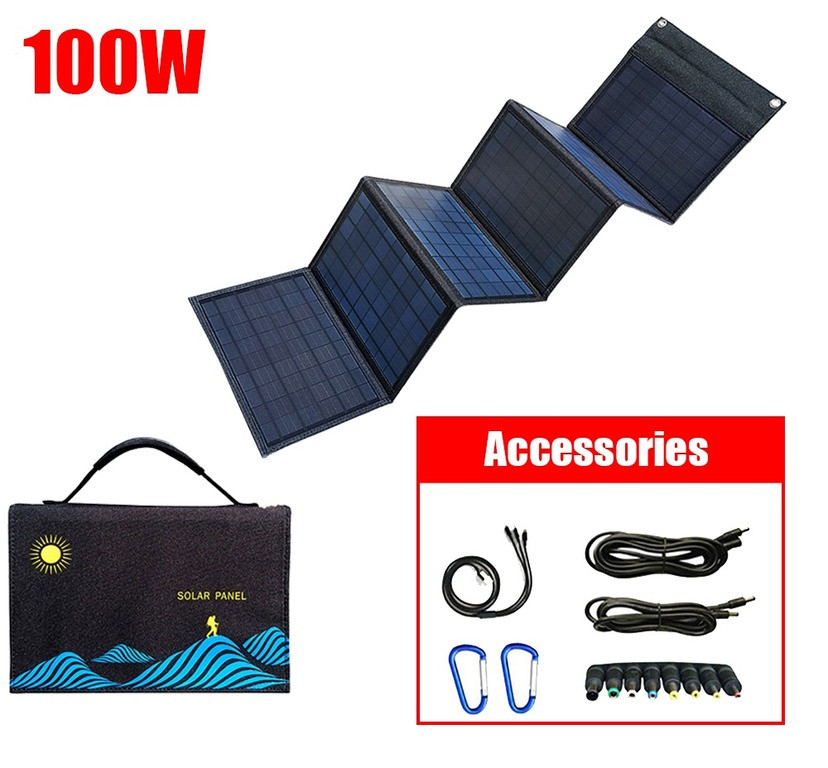 100W Портативная раскладная солнечная зарядная панель с набором кабелей и переходников для смартфонов, ноутбук - фото 8 - id-p99087850