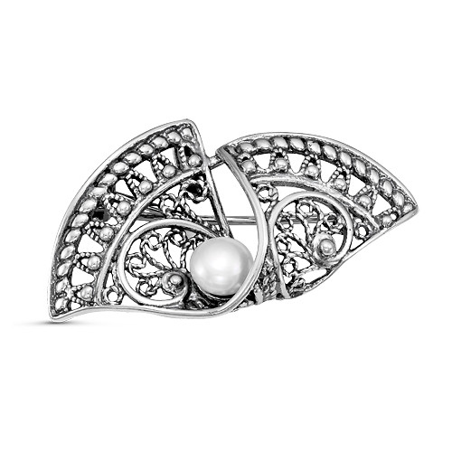 Серебряная брошь с жемчугом культ. Красная Пресня 13310400 ,замок-булавка