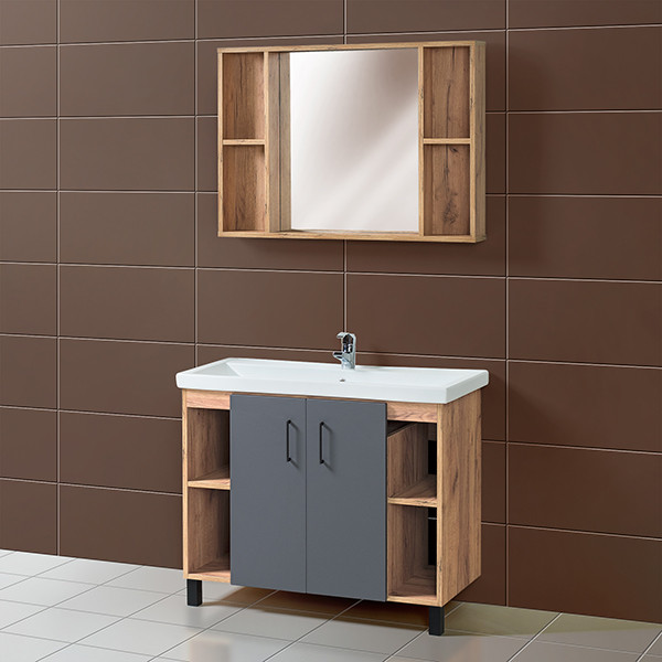 Комплект Тумба для ванной с раковиной и зеркалом Gloria Анкор 100 см. серый (Умывальник Фостер 1000)