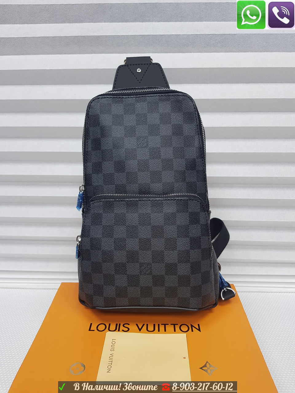 Сумка Louis vuitton Avenue Sling Damier Graphite с синей молнией Коричневый - фото 3 - id-p99196920