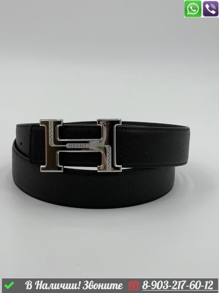 Ремень Hermes кожаный черный с пряжкой серебро - фото 3 - id-p99214113