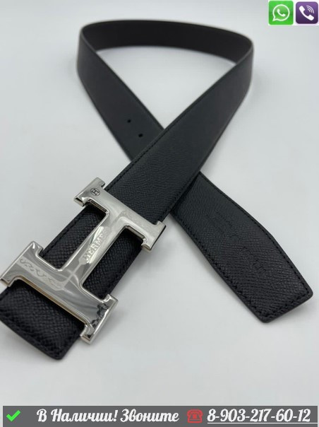 Ремень Hermes кожаный черный с пряжкой серебро - фото 7 - id-p99214113