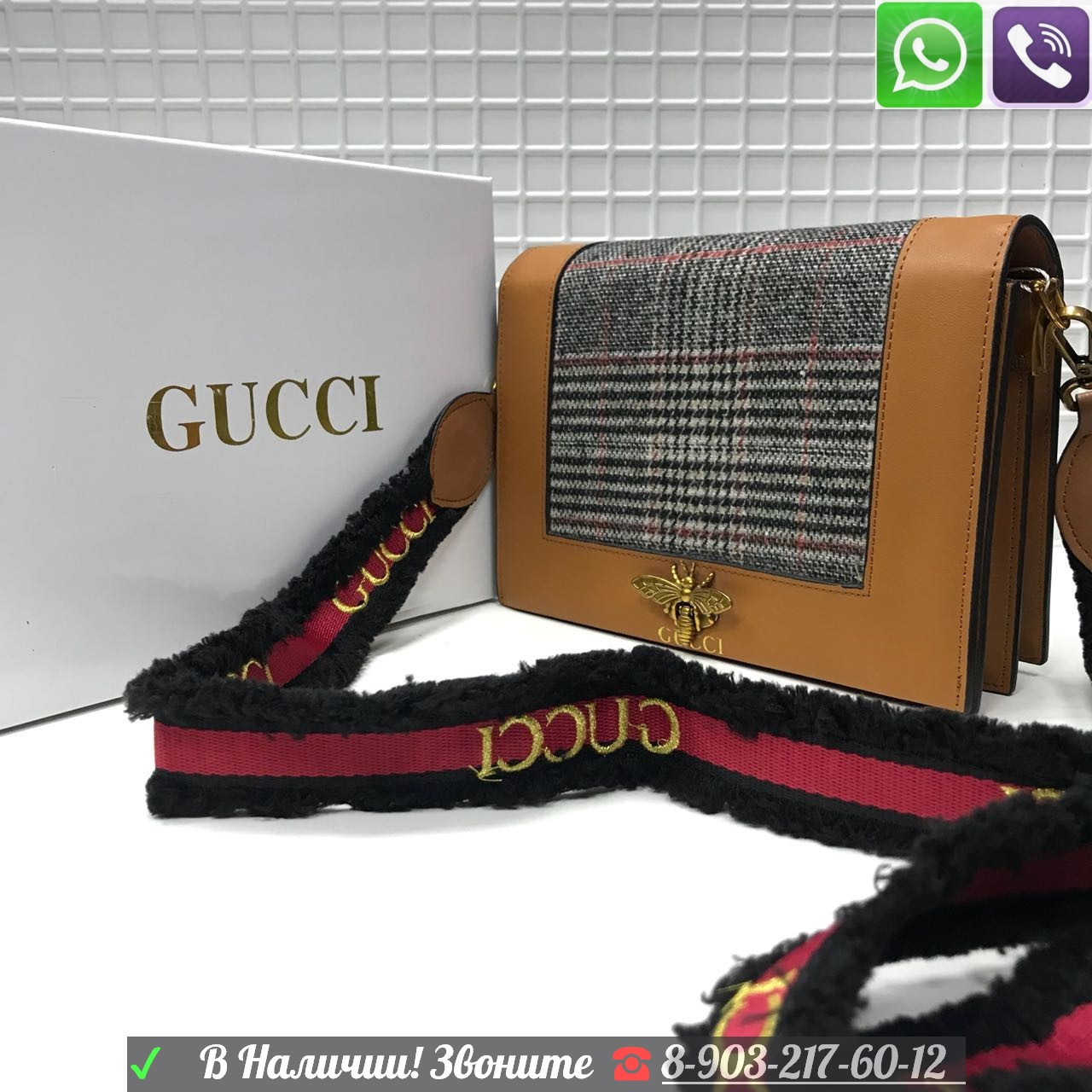 Сумка Gucci в клетку Gucci клатч на ремне - фото 4 - id-p99197451