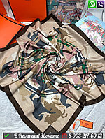 Платок Hermes шелковый с принтом лошадей Бежевый