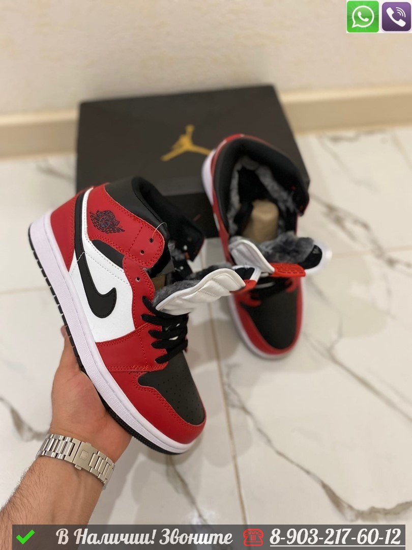 Зимние Кроссовки Nike Air Jordan Mid с мехом красные - фото 3 - id-p99231756