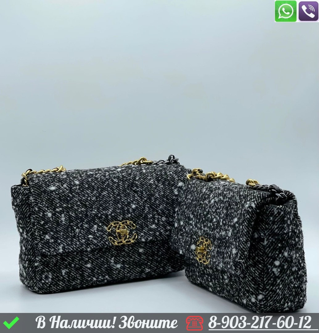 Сумка Chanel Flap 19 тканевая черная букле, фото 1