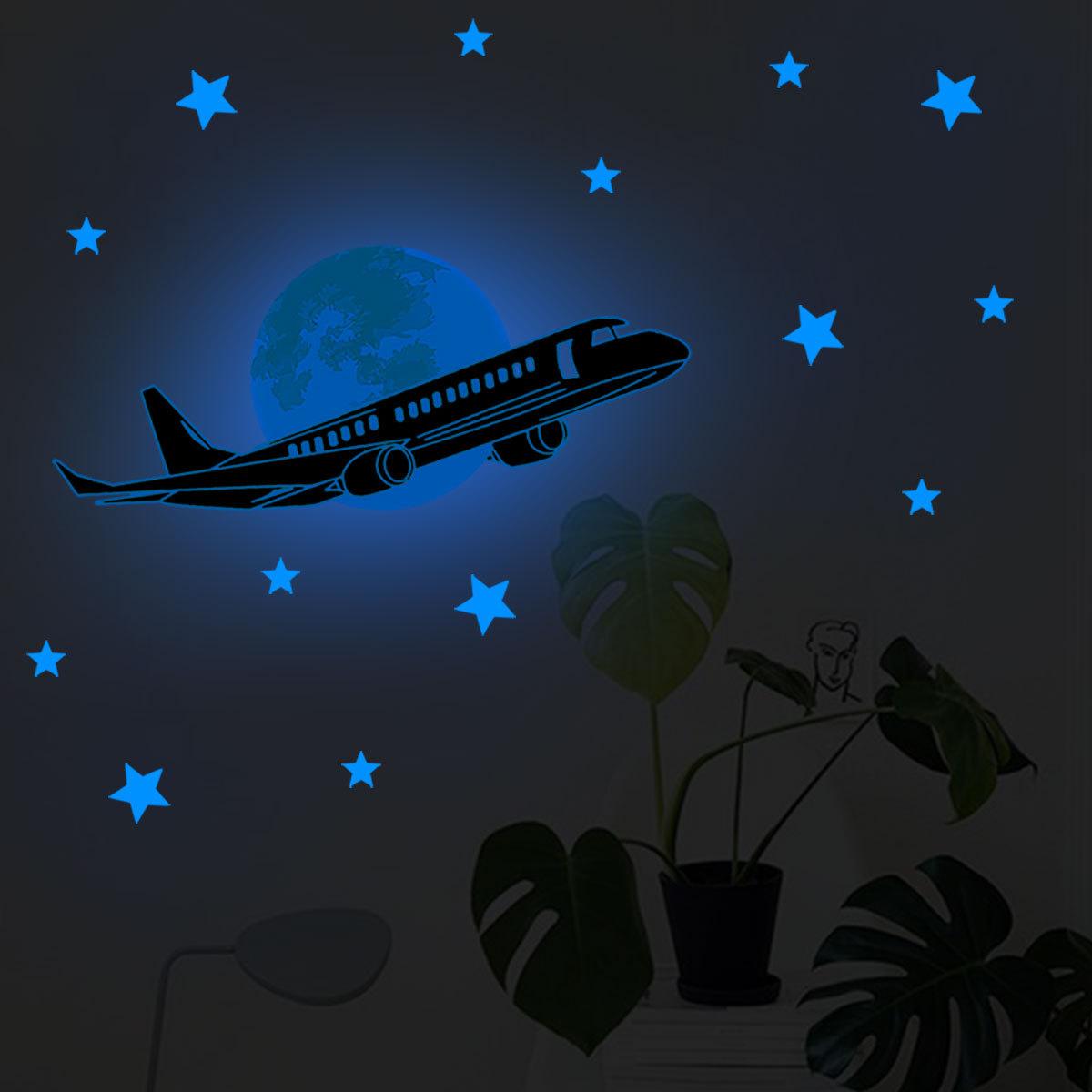 Светящаяся наклейка  "Самолет в ночном небе", голубое свечение, 45*20 см