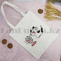 Шоппер эко сумка для покупок на молнии с плечевыми ремнями с котенком белая