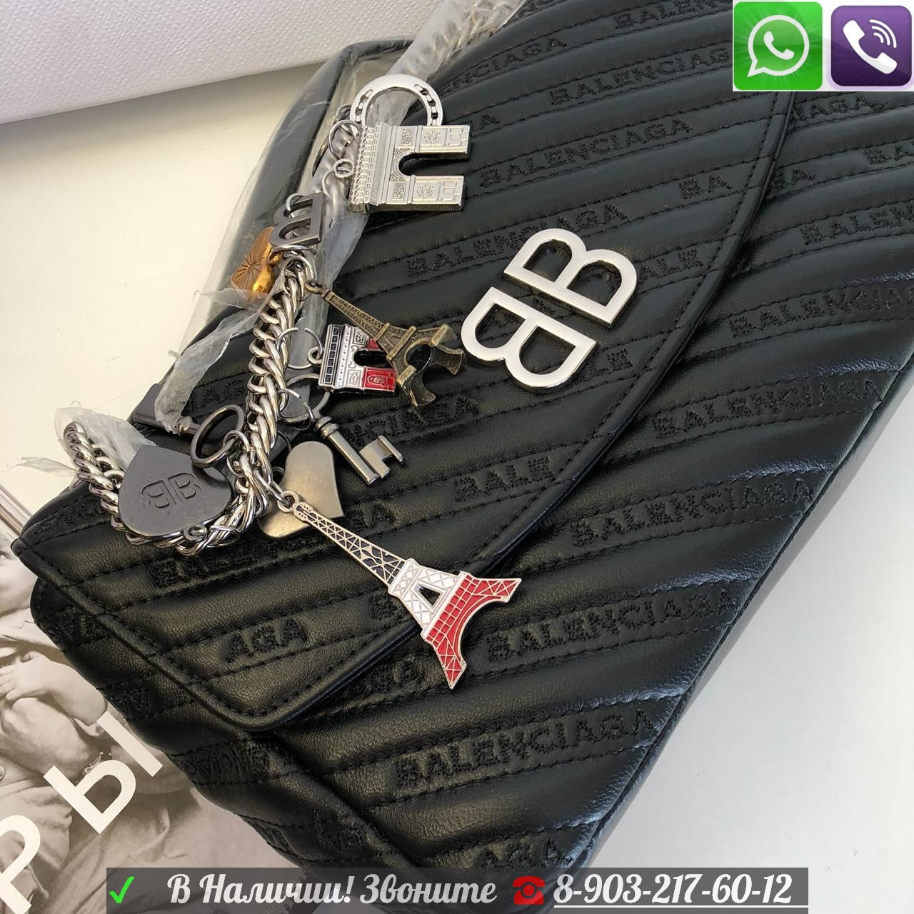 Черная Сумка Balenciaga BB Round Баленсиага на цепочке с брелками Charms Серый - фото 5 - id-p99196845