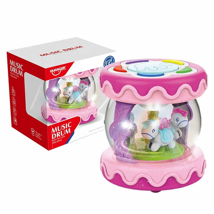 HAUNGER Игрушка развивающая БАРАБАН-КАРУСЕЛЬ розовый 10*10*11 см (свет,звук)(в кор.48 шт.)