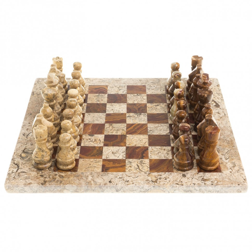 Шахматы настольные "Дебют" доска 30х30 см камень оникс ракушечник - фото 2 - id-p99284926