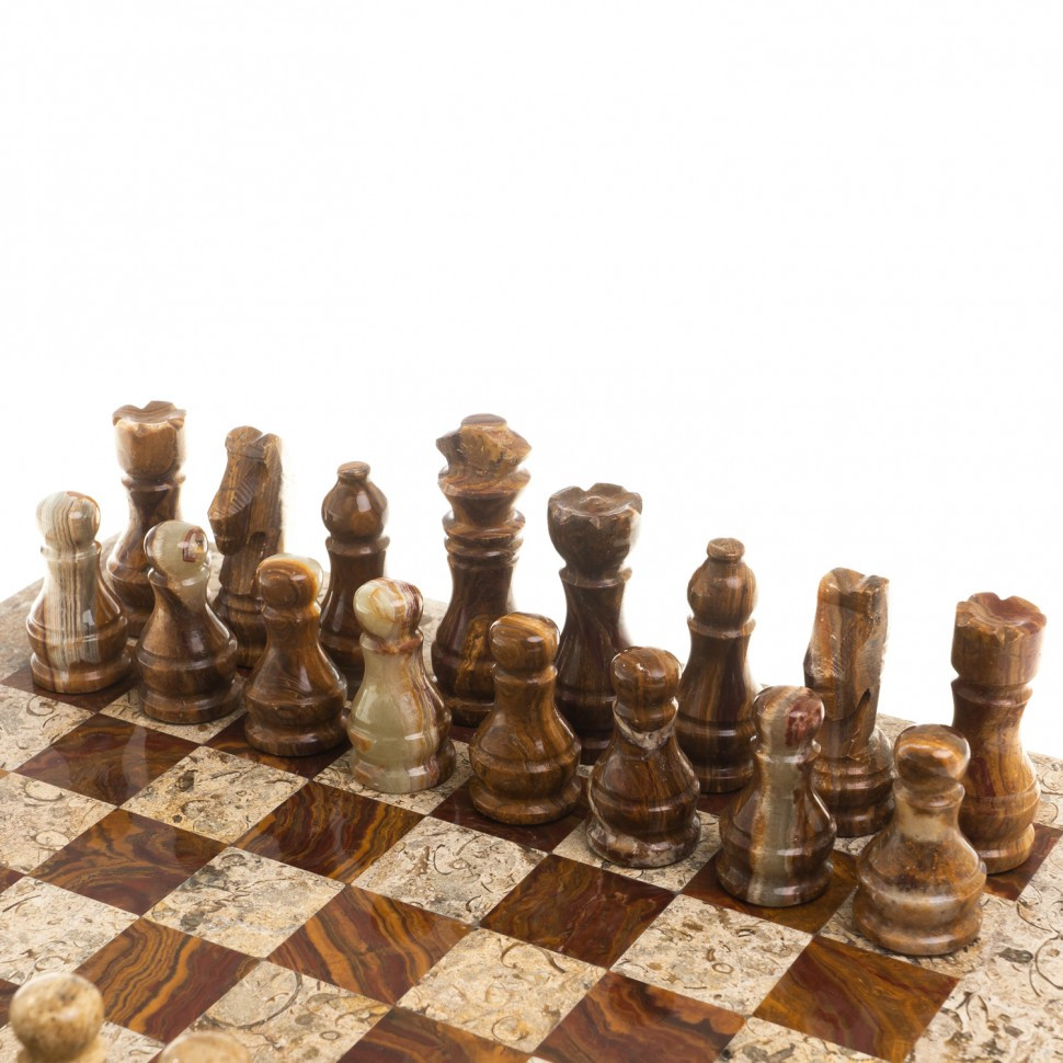 Шахматы настольные "Дебют" доска 30х30 см камень оникс ракушечник - фото 4 - id-p99284926