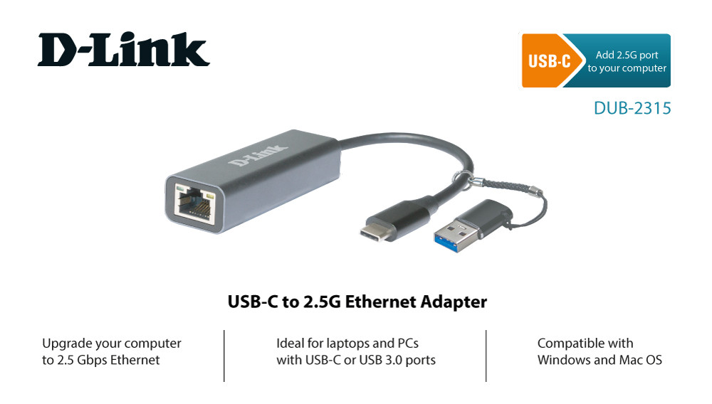 D-Link DUB-2315 Сетевой адаптер 2.5 Gigabit Ethernet / USB Type-C с переходником USB Type-C / USB Type-A - фото 2 - id-p99301452