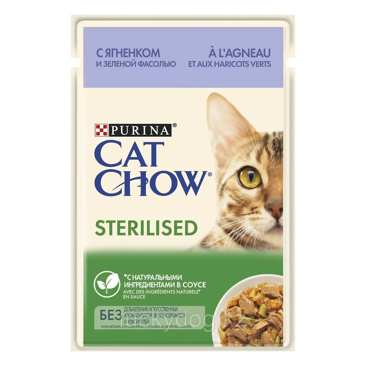 Cat Chow Sterillised 85г  с ягненком и зеленой фасолью кусочки в соусе, 85 г паучи для стерилизованных кошек