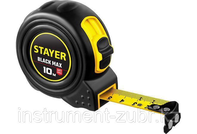 STAYER BlackMax 10м / 25мм рулетка в ударостойком полностью обрезиненном корпусе  и двумя фиксаторами