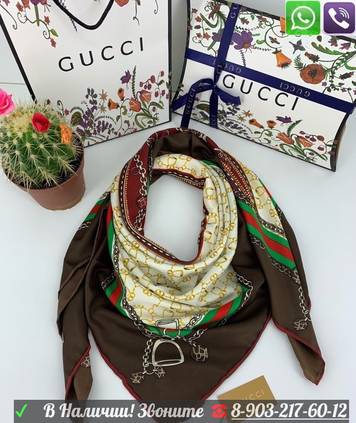 Шелковый платок Gucci шейный шарф с логотипом Гучи - фото 8 - id-p99197322