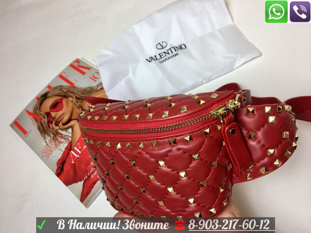 Красная сумка Valentino Rockstud Валентино Поясная Spike на пояс Клатч - фото 2 - id-p99196289