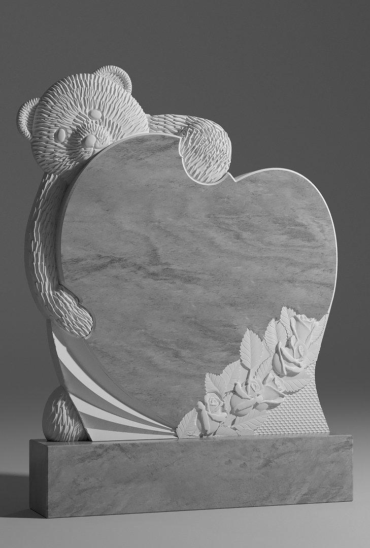Памятник стела Мишка стоя с сердцем и розами