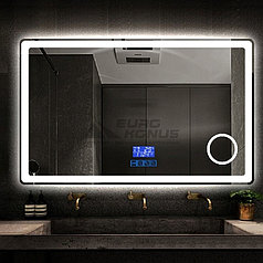 Зеркало LED Hitech с часами и подогревом 100х80 см. Bluetooth.