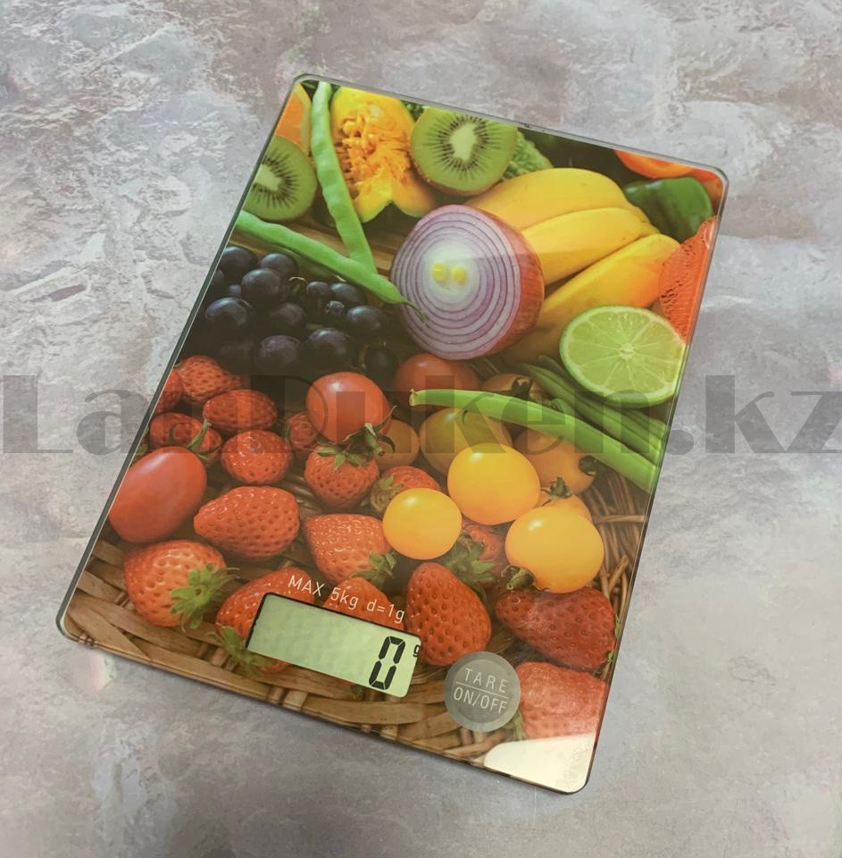 Кухонные электронные весы настольные прямоугольные мини с дисплеем c рисунком овощей и фруктов - фото 1 - id-p99456284