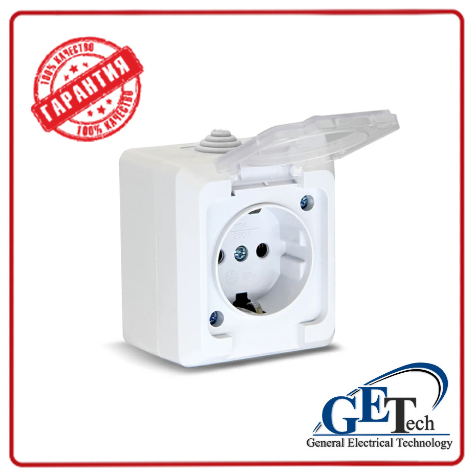 Розетка электрическая накладная с прозрачной крышкой с заземлением IP54 ...