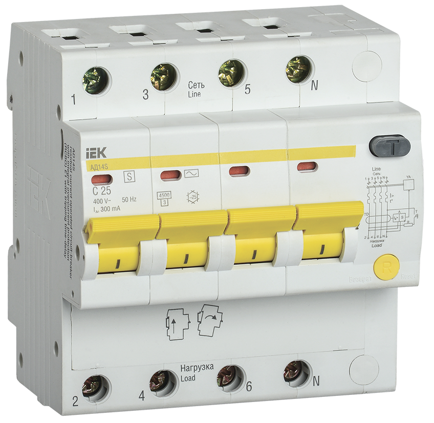 Дифференциальный автоматический выключатель АД14S 4Р 25А 300мА IEK - фото 1 - id-p99535529