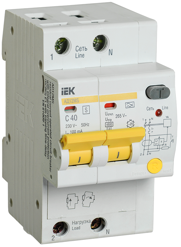 Дифференциальный автоматический выключатель АД12MS 2Р 40А 100мА IEK - фото 1 - id-p99535544
