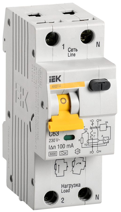 Автоматический выключатель дифференциального тока АВДТ32 C63 100мА IEK - фото 1 - id-p99535561