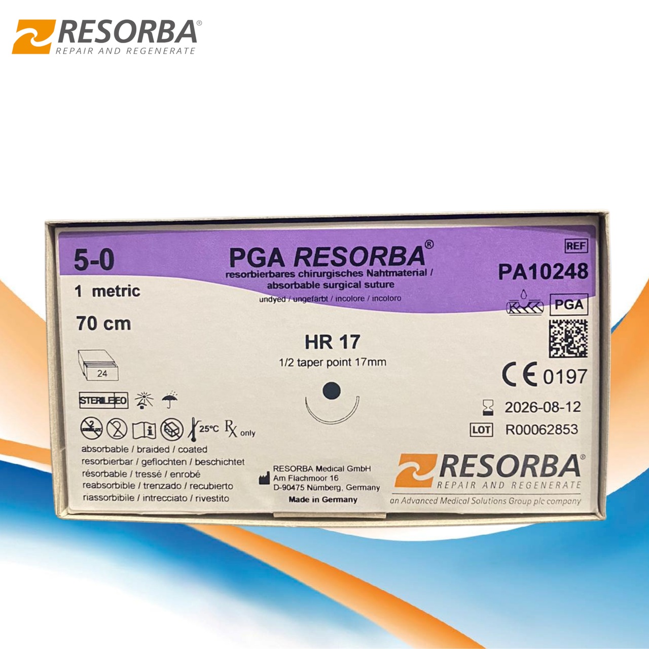 Шовный материал ПГА Ресорба (PGA Resorba) - нить хирургическая, USP 5-0 (M1), HR 17 мм, 1/2, 70 см. - фото 1 - id-p99557563