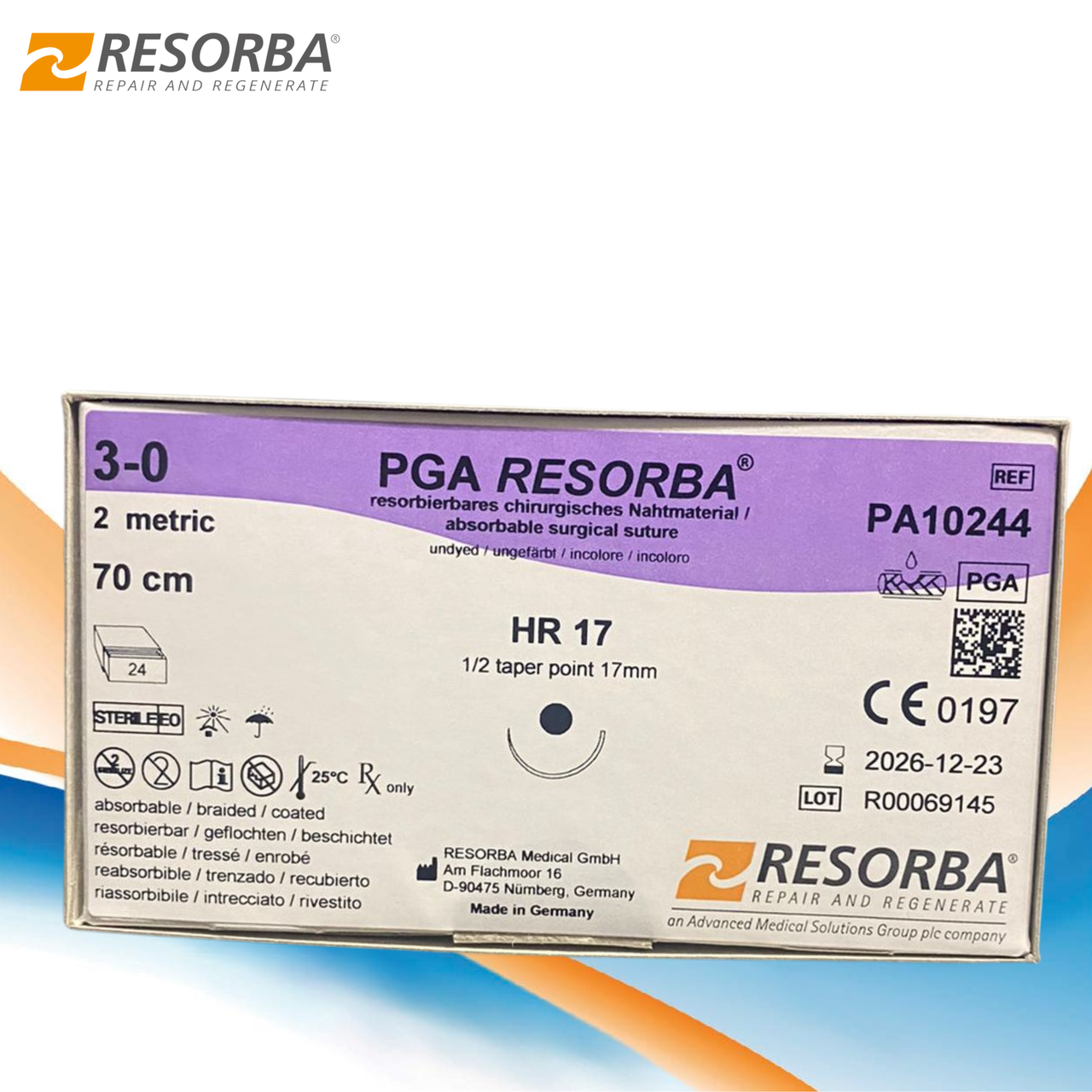 Шовный материал ПГА Ресорба (PGA Resorba) - нить хирургическая, USP 3-0 (M2), HR 17 мм, 1/2, 70 см. - фото 1 - id-p99557658