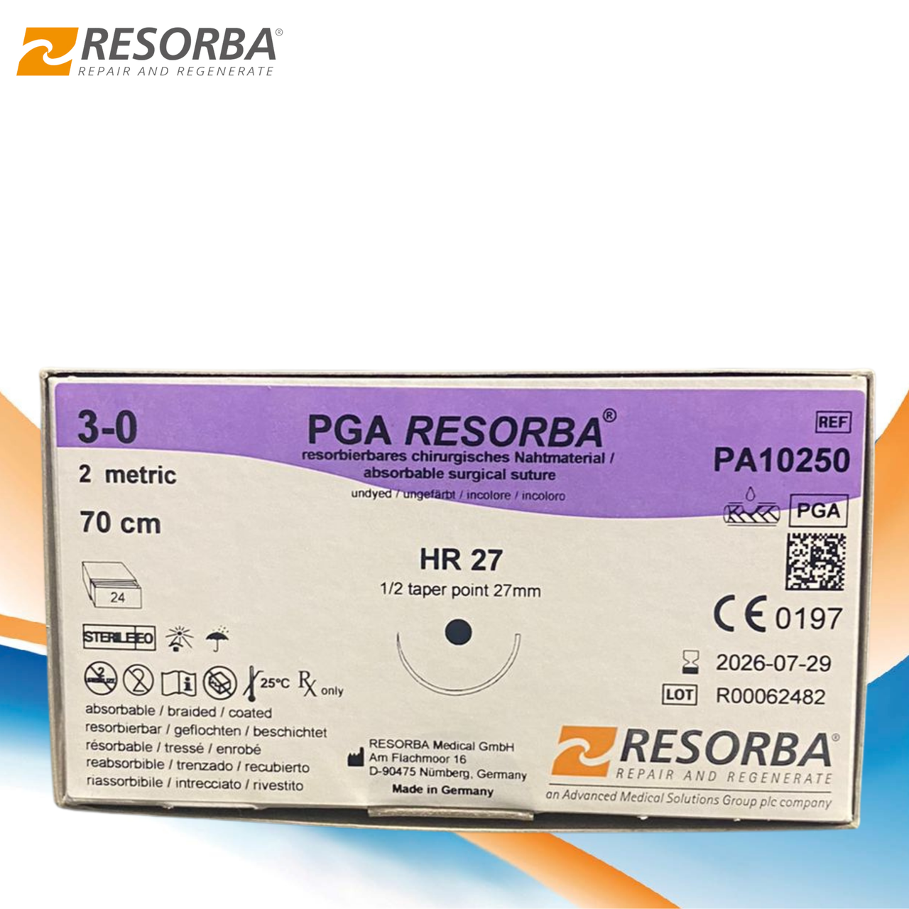 Шовный материал ПГА Ресорба (PGA Resorba) - нить хирургическая, USP 3-0 (M2), HR 27 мм, 1/2, 70 см. - фото 1 - id-p99557699