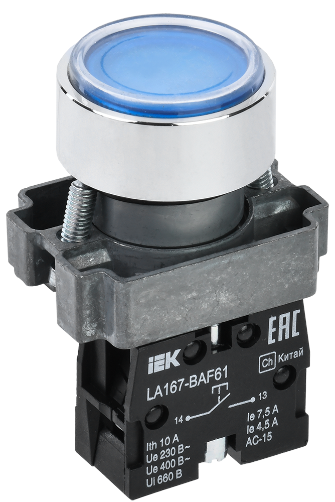 Кнопка LA167-BAF61 d=22мм 1з синяя IEK