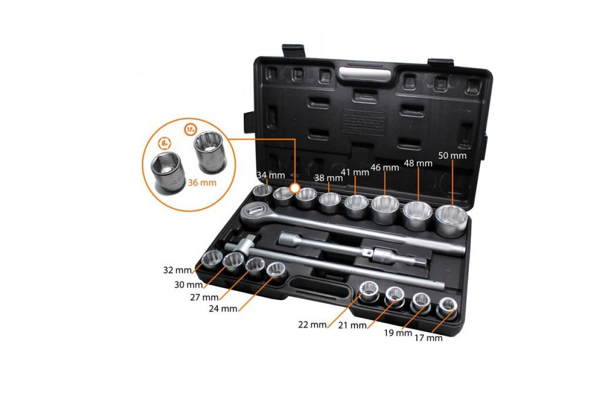 Набор инструментов  21пр 3/4"(12гр)(17,19,21,22,24,27,30,32,34,36,36-6гр.,38,41,46,48,50мм) 6201B
