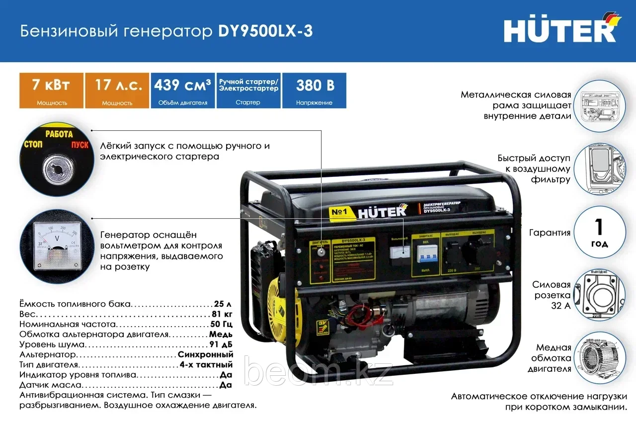 Бензиновый генератор HUTER DY9500LX-3 (7500 Вт | 380 В) электростартер - фото 3 - id-p68364272