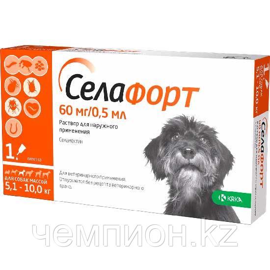 СЕЛАФОРТ-60мг, капли для собак от 5,1 до 10 кг против внутренних и внешних паразитов, уп.1 пипетка