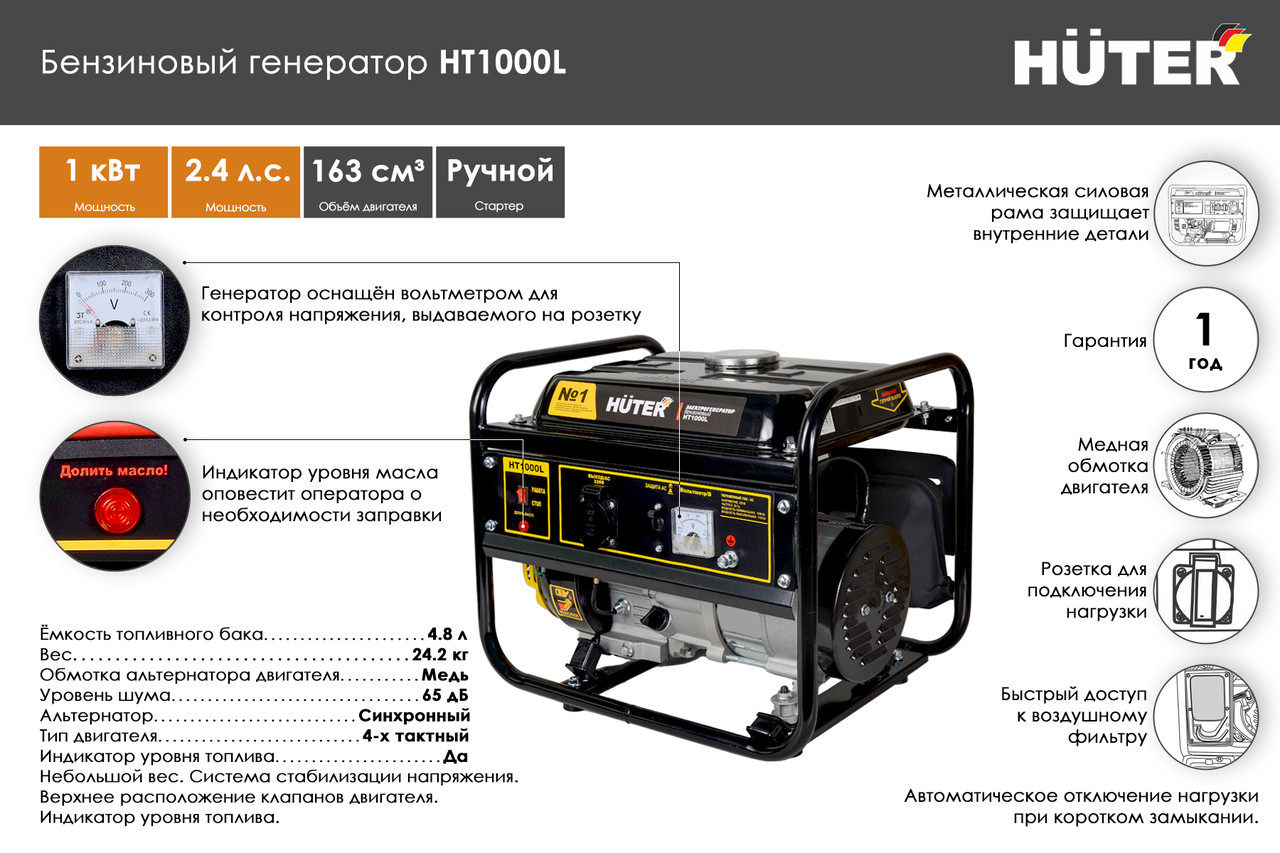 Портативный бензогенератор HUTER HT1000L