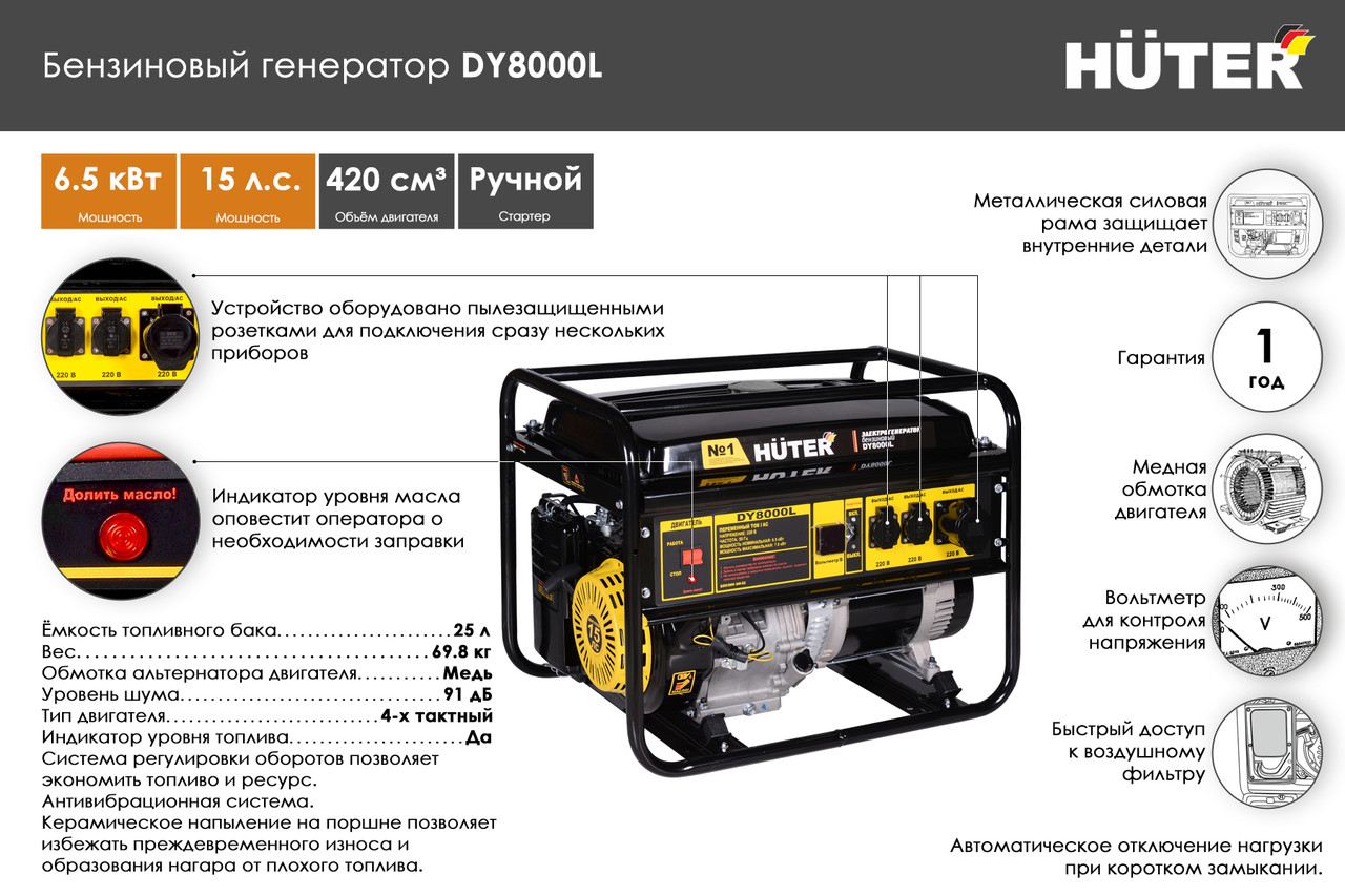 Портативный бензогенератор HUTER DY8000L