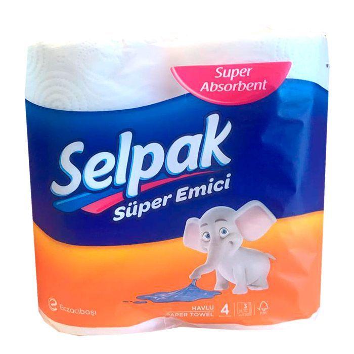 Бумажные полотенца Selpak, 3 слоя, белые, упакованы по 4 рулона