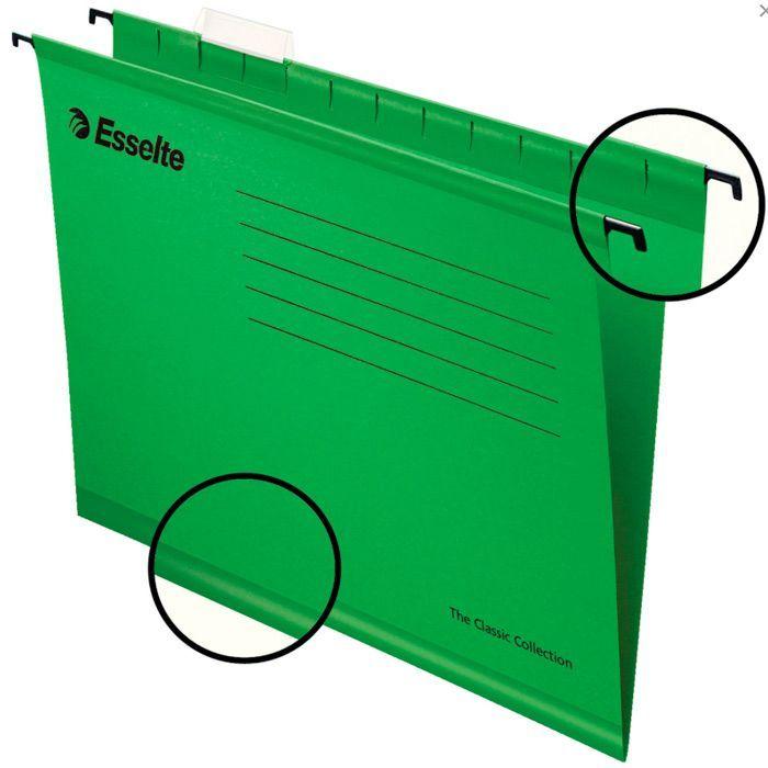 Папка картонная подвесная Esslte Plus, Foolscap, 412x240мм, 300л, 210гр/м2, зелёная, 25шт в плёнке