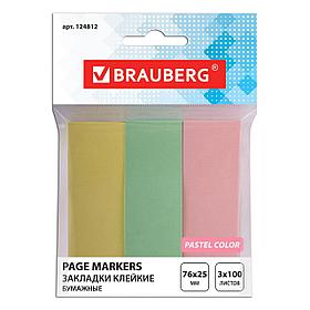 Набор закладок бумажных Brauberg, 76x25мм, 100л, 3 цвета, клеевой край, в пакете