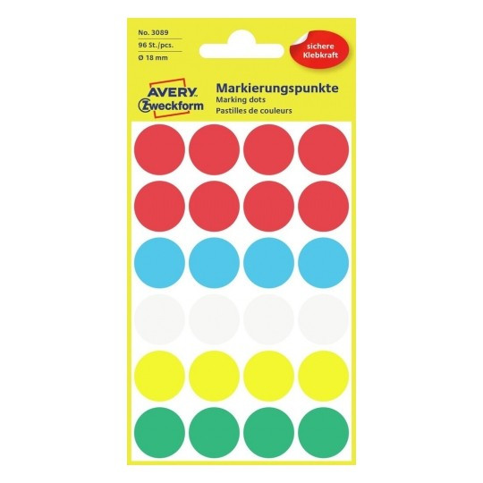 Самоклеящиеся этикетки-точки Avery, диаметр 18мм, разноцветные, 96 штук в упаковке