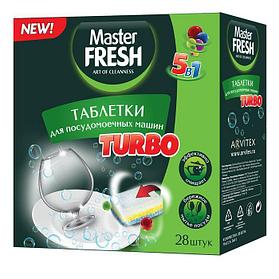 Таблетки для мытья посуды в посудомоечных машинах Master Fresh Turbo, упакованы по 28 таблеток