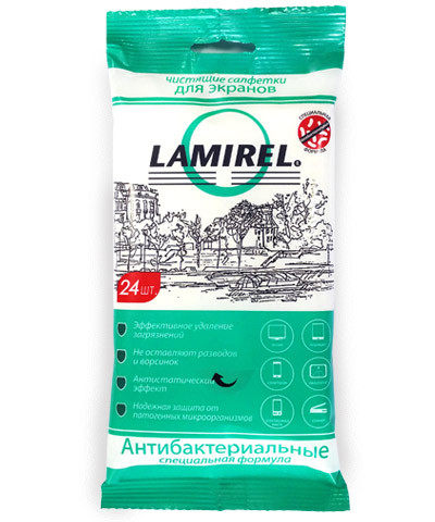 Антибактериальные чистящие салфетки Lamirel для экранов всех типов, 24 шт, еврослот, мягкая упаковка - фото 1 - id-p100166585