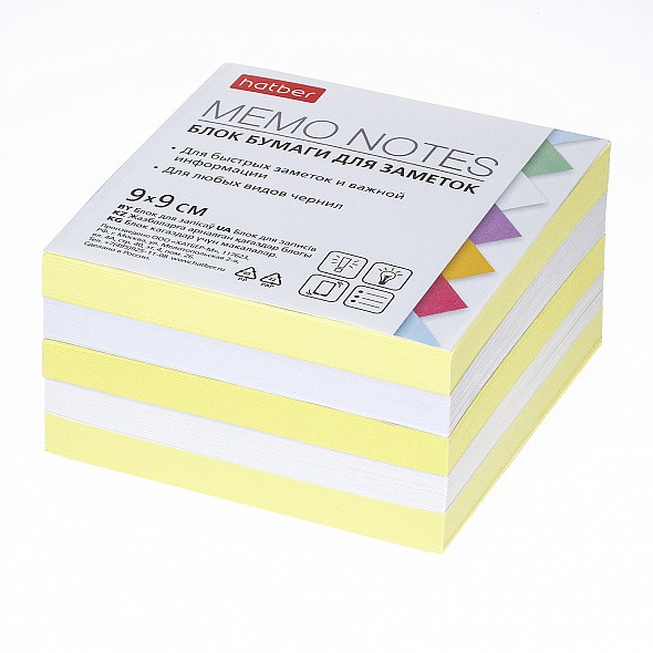 Блок бумаги для заметок Hatber, 9х9х4,5см, белый/жёлтый, непроклеенный, в плёнке - фото 1 - id-p100165109
