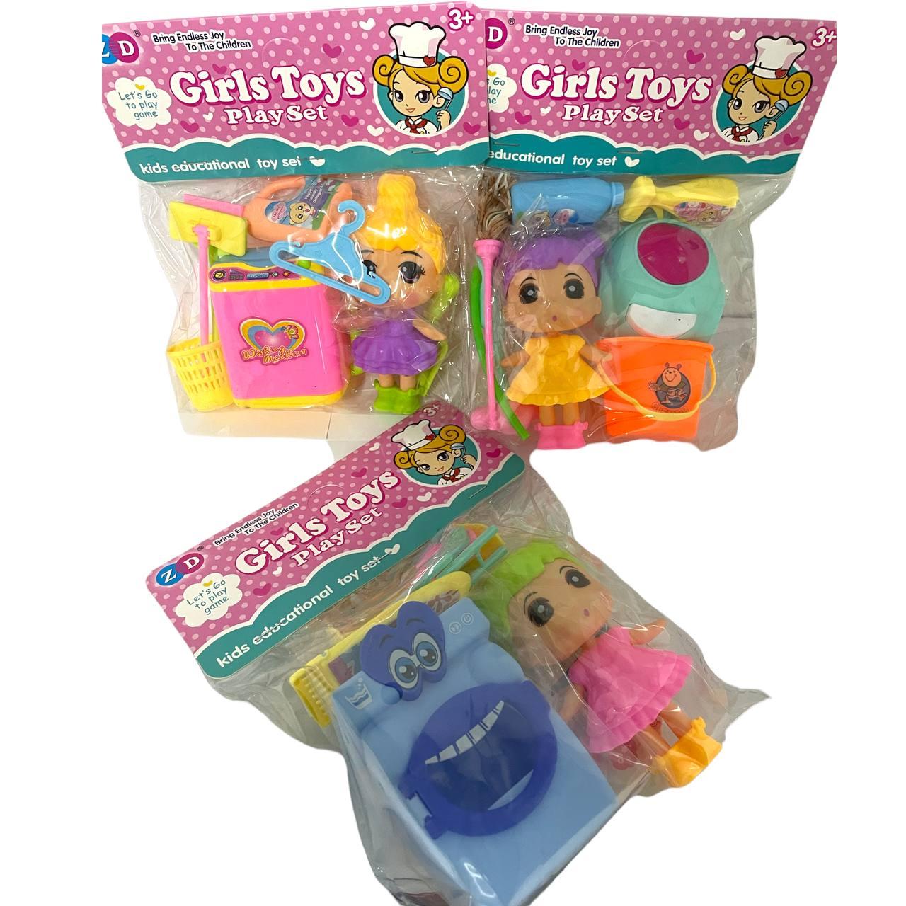 ZP892-322ABCD Girls toys кукла с аксессуарами 3 вида (уборка,стир машина) 22*18см