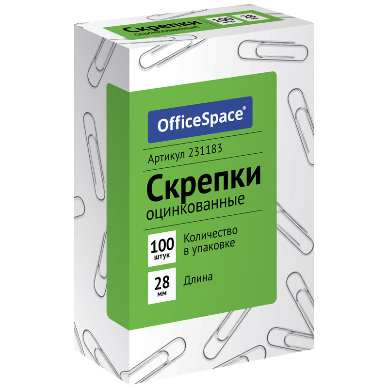 Скрепки канцелярские OfficeSpace, 28мм, оцинкованные, овальные, 100шт в картонной упаковке - фото 1 - id-p100171903