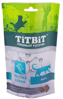 Лакомство для кошек "Titbit" хрустящие подушечки "чистка зубов, мята" с мясом утки 60гр