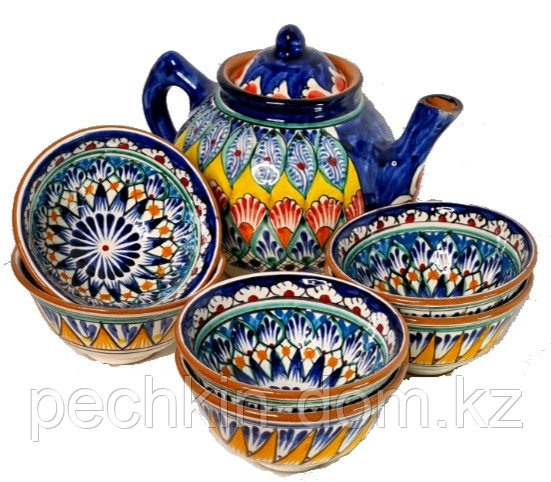 Керамический чайный набор Мехроб синий. (Чайник, 6 пиал в ассортименте). - фото 1 - id-p100291984