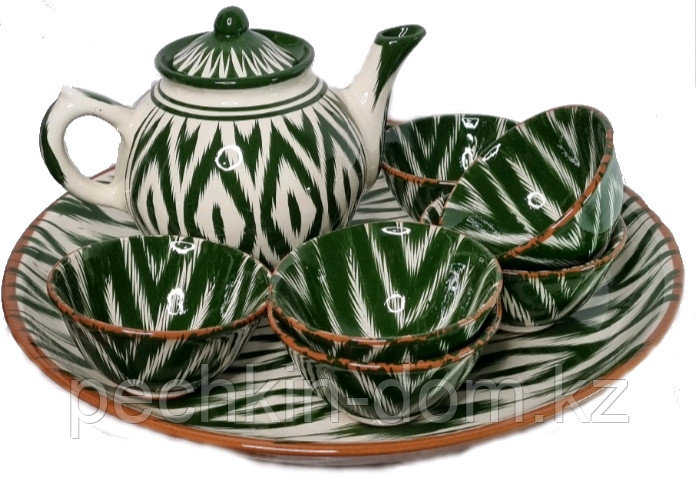 Керамический чайный набор (Чайник, 6 пиал. Адрас зеленый). - фото 1 - id-p100303978