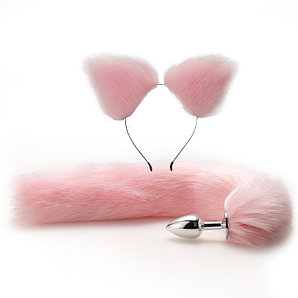 НАБОР - анальная пробка с хвостом + ушки, цвет розовый
